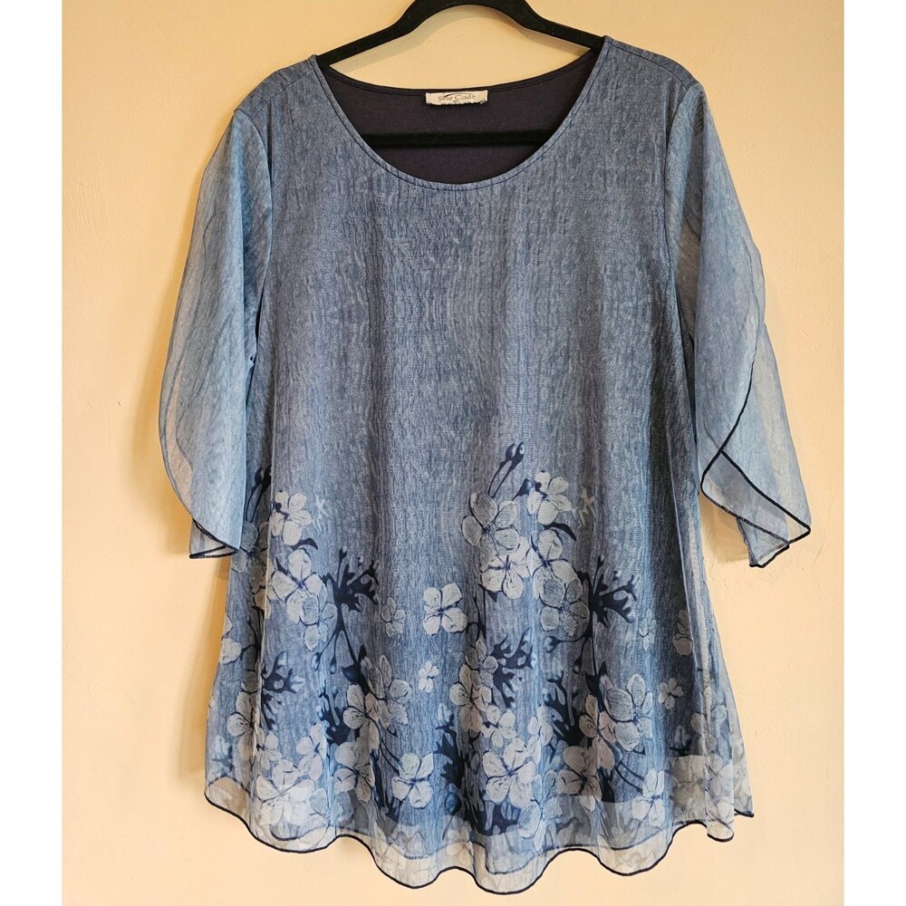 Sese Code Shirt Women's L Blue  Floral Sheer Mesh Overlay Tunic Flutter Sleeve